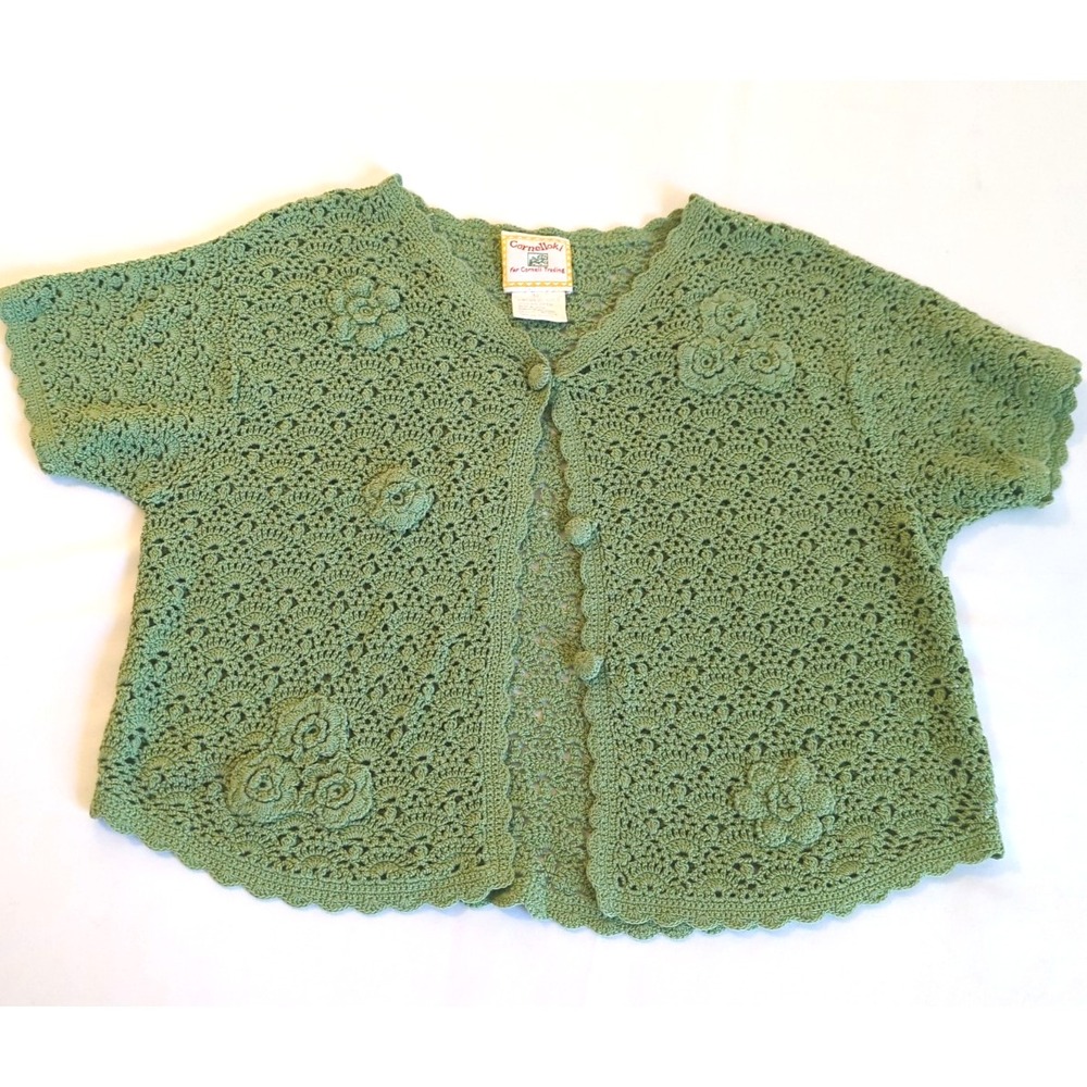 VTG CORNELLAKI Girls Crochet Cardigan Sweater Size 10 Green Cotton Blend Boho